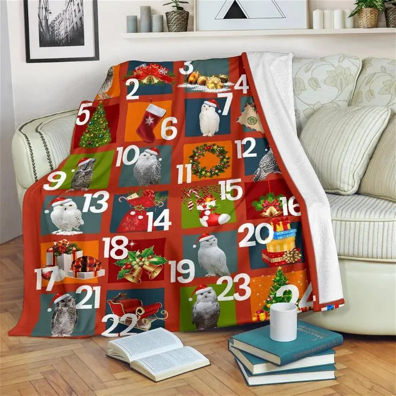 Holiday Bird Throw Blanket, Christmas Owl Advent Calendar Blanket, Festive Winter Plush Fleece Blanket, Comfy Xmas Family Present
