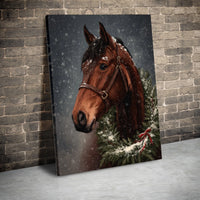Brown Horse with Festive Wreath in Snow Canvas Print, Horse Christmas Wall Art, Winter Equestrian Canvas Art, Holiday Farmhouse Decor Present