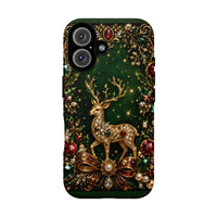 Ornate Gold Deer Holiday iPhone Case, Jeweled Reindeer Christmas Phone Case, Elegant Holly Filigree Phone Cover