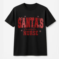 Festive Red Checkerboard Graphic Tee, Santa's Favorite Nurse T-Shirt, Humorous Christmas RN Nursing Student Shirt, Xmas Hospital Tee