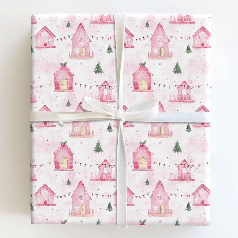 Pastel Holiday House Gift Wrap, Pink Christmas Village Wrapping Paper, Whimsical Winter Wrapping Paper, Festive Pink Xmas Gift Wrap Roll