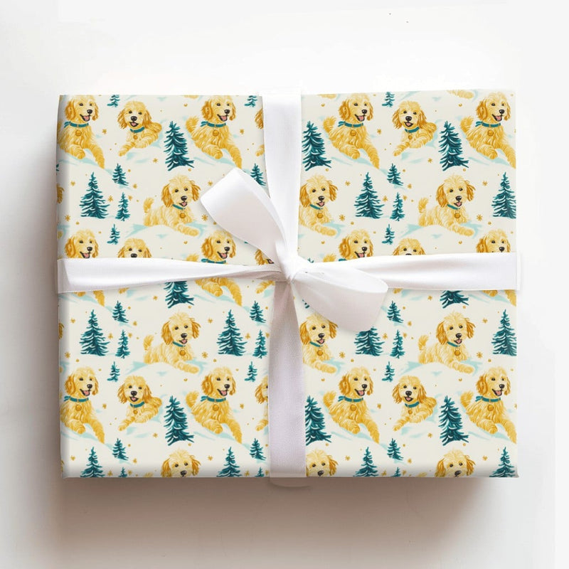 Dog Holiday Gift Wrap Paper, Golden Doodle Christmas Wrapping Paper, Adorable Puppy Wrapping Paper, Snowy Pine Tree Pet Gift Wrap Roll