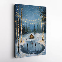 Snowy Forest Cabin Canvas Art, Winter Ice Skating Canvas, String Lights Cottage Canvas Print, Holiday Season Wall Decor, Comfy Christmas Present