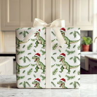 Christmas Dinosaur Wrapping Paper, Santa Hat T-Rex Wrapping Paper, Watercolor Dino Gift Wrap, Adorable Dinosaur Holiday Present Wrapping Paper