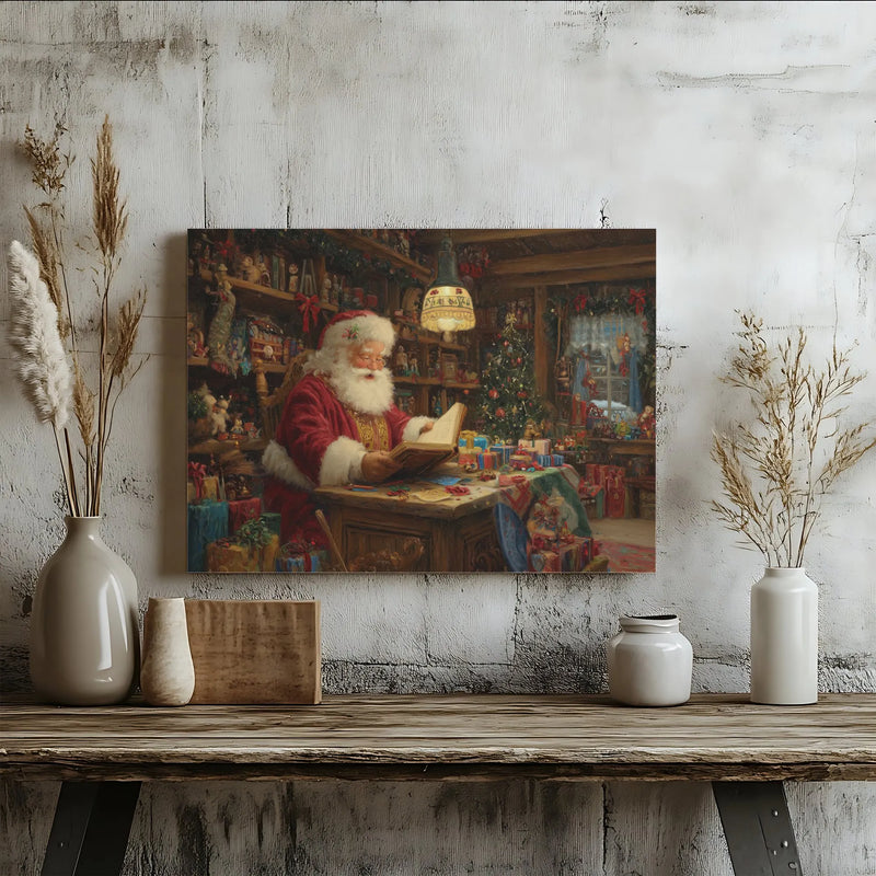 Nostalgic Christmas Canvas Print, Vintage Santa Claus Canvas Wall Art, Santa Workshop Wall Art, Holiday Canvas Decor, Xmas Present