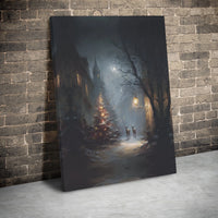 Winter Night Deer and Tree Scene Wall Art, Snowy Christmas Village Canvas Print, Moody Holiday Decor Poster, Digital Download