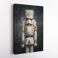 Holiday Soldier Portrait Canvas, White and Gold Nutcracker Canvas Wall Art, Christmas Nutcracker Canvas Print, Winter Seasonal Decor