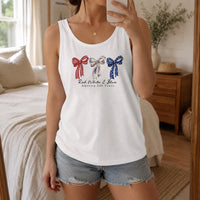 America 250 Years Tank Top | Patriotic Coquette Bow Design Red White Blue | Soft Breathable Cotton Blend | 4th of July Gift for Women