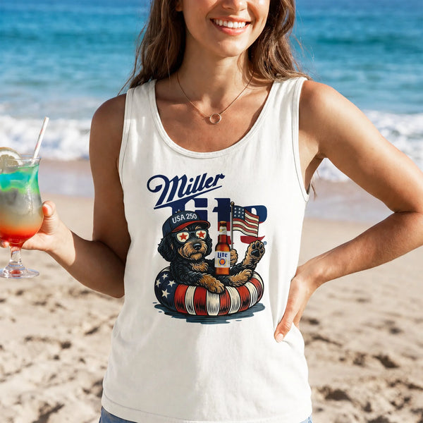 Patriotic 4th of July Dog Tank Top | Funny USA 250 Years Beer Puppy Graphic | Premium Soft Breathable Sleeveless Shirt | Independence Day Gift for Dog Lovers