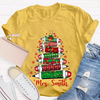 Custom Name Christmas Tree Shirt, Personalized Christmas Tree T-Shirt, Colored Pencil Christmas Tree Tee, Holiday Teacher Xmas Shirt