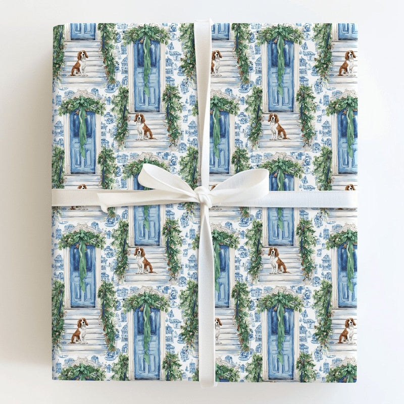 Blue Chinoiserie Toile Gift Wrap, Cavalier King Charles Spaniel Wrapping Paper, Dog Christmas Wrapping Paper, Holiday Pet Gift Wrap