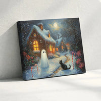 Holiday Cottage Canvas Print, Christmas Ghost Canvas Art, Black Cat Spooky Xmas Canvas Wall Art