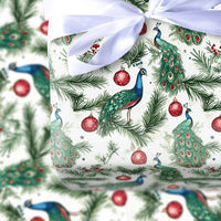 Pine Branch Bird Gift Wrap, Watercolor Peacock Christmas Wrapping Paper, Red Ornament Wrapping Paper, Elegant Winter Holiday Wrapping Paper