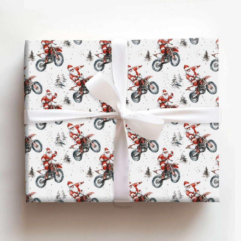 Dirt Bike Santa Tricks Gift Wrap, Motocross Santa Christmas Wrapping Paper, Winter Motorcycle Wrapping Paper, Biker Holiday Gift Wrap