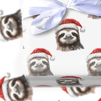 Watercolor Sloth Gift Wrap, Christmas Sloth Wrapping Paper, Adorable Santa Hat Sloth Holiday Paper, Animal Lover Xmas Gift Wrapping Paper