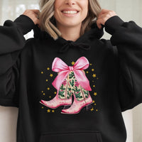 Pink Cowgirl Boots Holly Bow Hooded Sweatshirt, Western Christmas Hoodie, Preppy Holiday Rodeo Pullover, Coquette Christmas Sweater