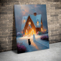 Black Cat and Ghost Wall Art, Spooky Gingerbread House Canvas Art, Adorable Halloween Christmas Canvas Print, Holiday Home Present