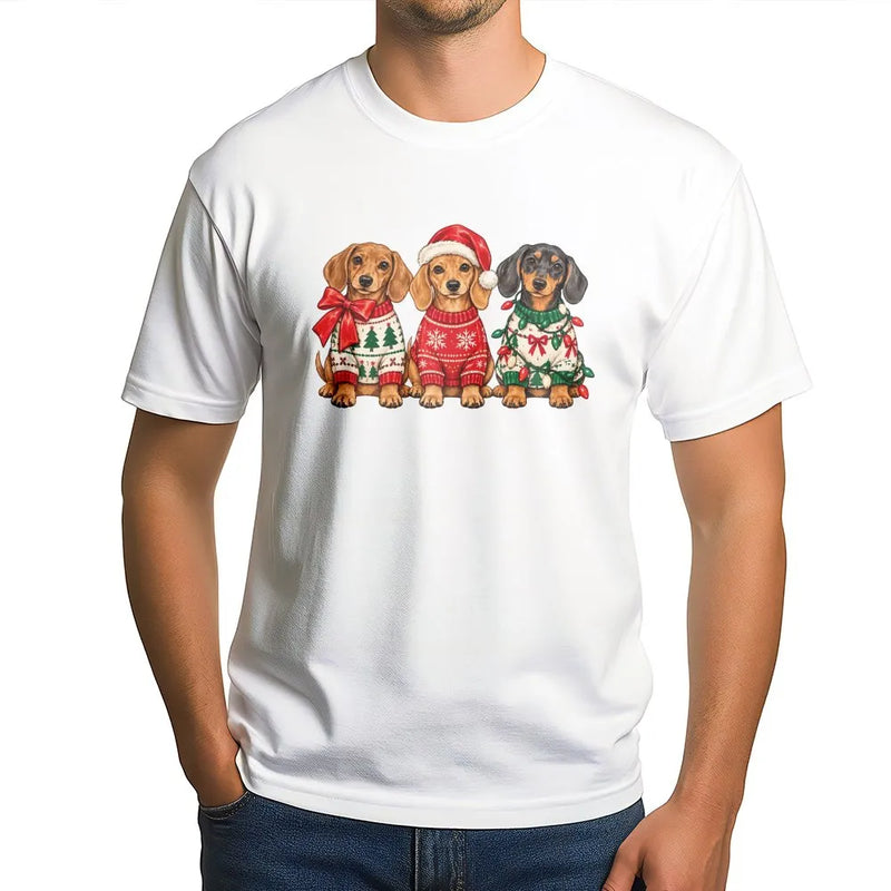Three Wiener Dogs Santa Hat Tee, Christmas Dachshund Shirt, Holiday Dachshund Graphic T-Shirt, Humorous Xmas Dog Lover Present