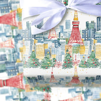 Red Tokyo Tower Holiday Gift Wrap, Tokyo Christmas Wrapping Paper, Watercolor Cityscape Gift Wrap Roll, Japan Travel Xmas Wrapping Paper