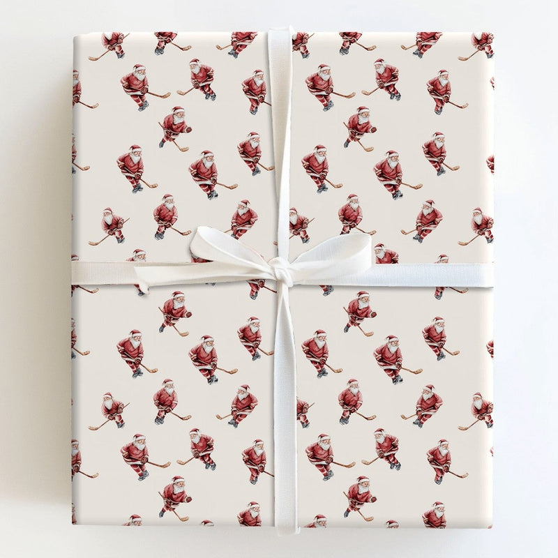 Ice Hockey Christmas Gift Wrap, Hockey Santa Wrapping Paper, Watercolor Santa Present Paper, Winter Sports Holiday Wrap, Hockey Fan Gift Wrap