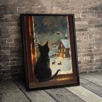Santa Sleigh Snowy Village Wall Art, Black Cat Christmas Canvas Print, Comfy Winter Holiday Kitten Poster, Digital Download Cat Present