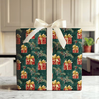 Candy Cane Holiday Gift Wrap, Watercolor Christmas Wrapping Paper, Dark Green Xmas Wrapping Paper, Holly Present Gift Wrap