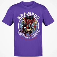Humorous Christmas Horror Graphic Tee, Krampus Babysitting Service T-Shirt, Spooky Holiday Folklore Shirt, Alpine Demon Winter Top