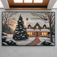 Vintage Winter Scene Welcome Mat, Snowy Cottage Christmas Doormat, Lit Holiday Tree Front Door Mat, Comfy Cabin Entryway Mat, Xmas Home Decor