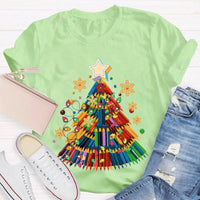 Crayon Christmas Tree Shirt, Art Teacher Christmas T-Shirt, Colorful Art Educator Holiday Graphic Tee, Snowflakes Lights Teacher Present