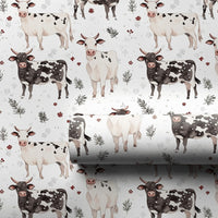 Black and White Cow Gift Wrap, Farmhouse Cow Christmas Wrapping Paper, Winter Holly Wrapping Paper, Rustic Farm Animal Holiday Gift Wrap