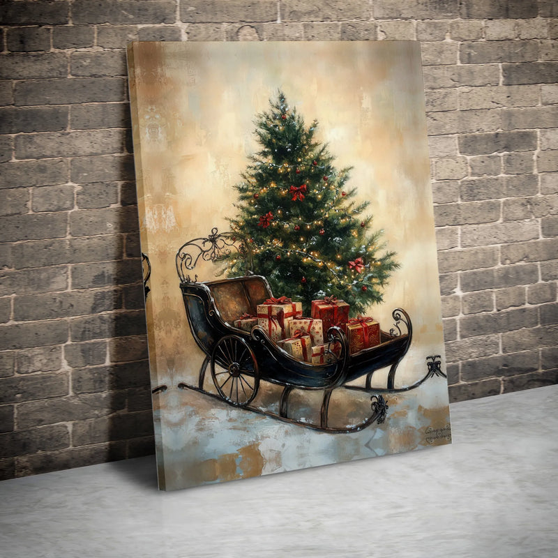Festive Tree and Presents Canvas, Vintage Christmas Sleigh Canvas Print, Holiday Season Canvas Wall Art, Winter Home Decor, Christmas Present