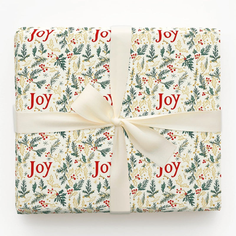 Evergreen Foliage Gift Wrap, Joy Holly Berry Christmas Wrapping Paper, Botanical Holiday Wrapping Paper, Elegant Winter Gift Wrapping Paper