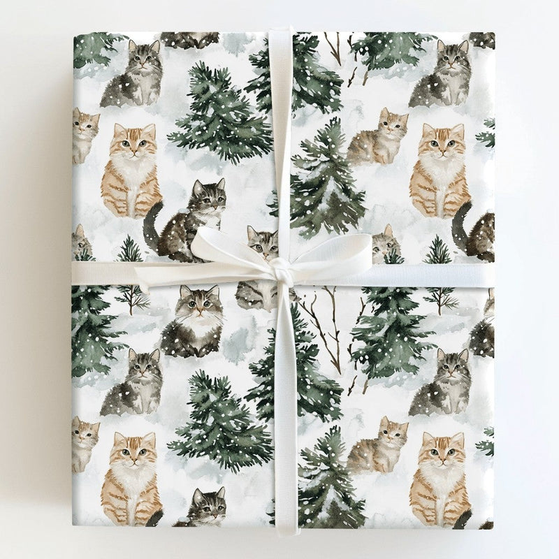 Snowy Forest Kitten Gift Wrap, Watercolor Cat Wrapping Paper, Winter Holiday Cat Wrapping Paper, Christmas Kitten Gift Wrapping Paper