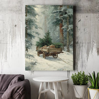 Winter Tree Cart Christmas Print, Snowy Forest Christmas Canvas Wall Art, Holiday Forest Poster, Seasonal Room Decor, Digital Download Present