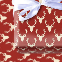 Rustic Cream Antler Holiday Gift Wrap, Red Stag Deer Wrapping Paper, Woodland Buck Christmas Present Paper, Cabin Christmas Wrapping Paper