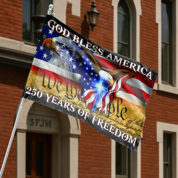 God Bless America House Flag | Patriotic Eagle & Cross 250 Years of Freedom Design | Double Sided Polyester | Outdoor Home Decor Gift