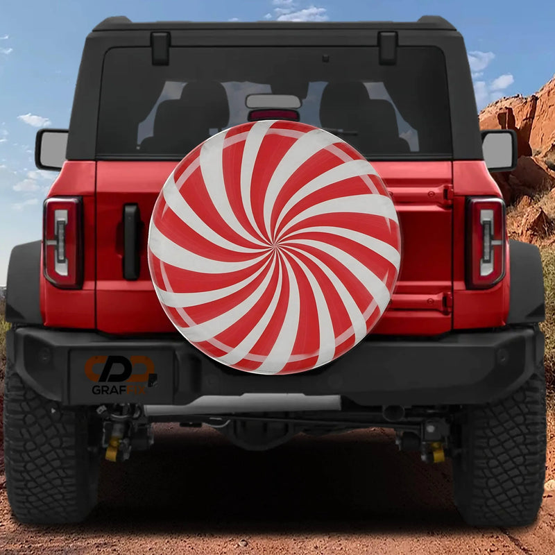 Red White Christmas Swirl Tire Cover, Peppermint Candy Spare Tire Cover, Holiday Sweet Wheel Cover, Jeep Bronco RV Backup Camera Tire Cover