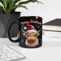 Watercolor Cow in Santa Hat Coffee Mug, Personalized Highland Cow Christmas Mug, Custom Name Holiday Ceramic Mug, Xmas Coffee Cup