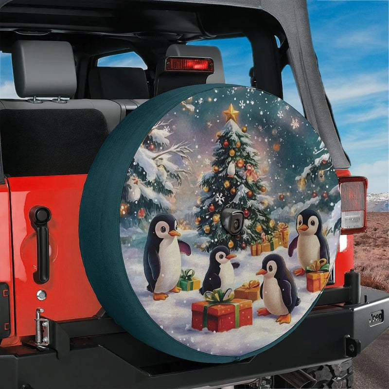 Winter Holiday Present Giving Penguins Tire Cover, Penguin Christmas Spare Tire Cover, Festive Xmas Tree Decor for Jeep SUV Truck RV