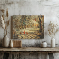 Children Sledding Cottage Art, Vintage Winter Scene Canvas Print, Nostalgic Snowy Landscape Wall Decor, Christmas Holiday Home Present