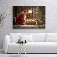 Christian Nativity Scene Printable Wall Art, Santa Kneeling Before Baby Jesus Digital Download, Christmas Holiday Home Decor