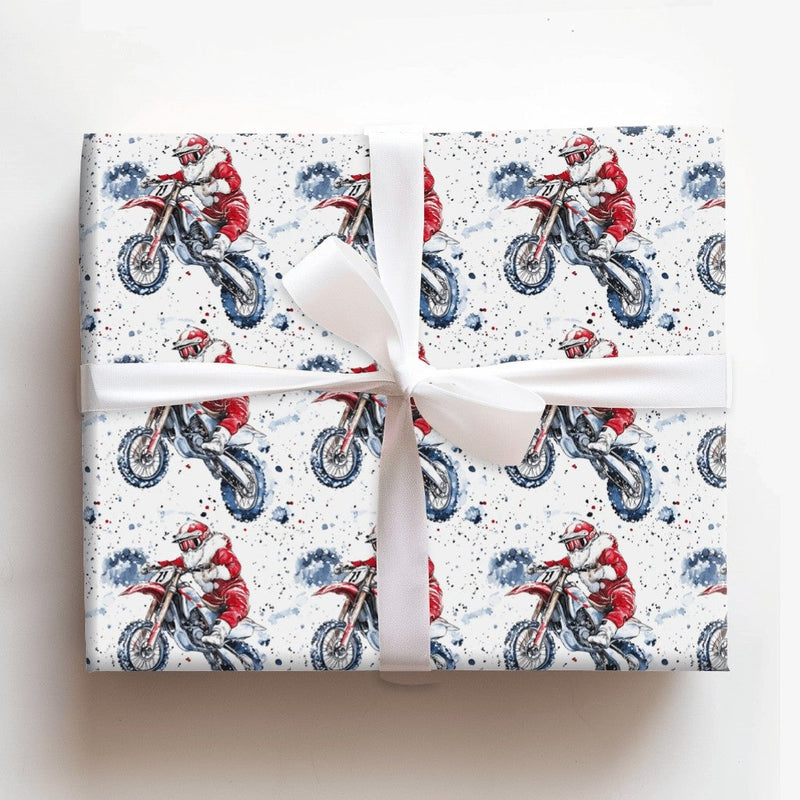 Dirt Bike Claus Gift Wrap, Motocross Santa Christmas Wrapping Paper, Motorcycle Holiday Wrapping Paper, Biker Christmas Wrapping Paper