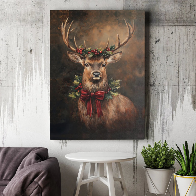 Rustic Deer with Holly Wreath Canvas Print, Christmas Stag Canvas Wall Art, Festive Winter Holiday Canvas Decor, Holiday Season Deer Present