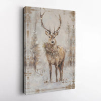 Snowy Winter Forest Deer Portrait, Christmas Stag Canvas Wall Art, Rustic Holiday Lodge Decor Print, Festive Farmhouse Stag Art Canvas