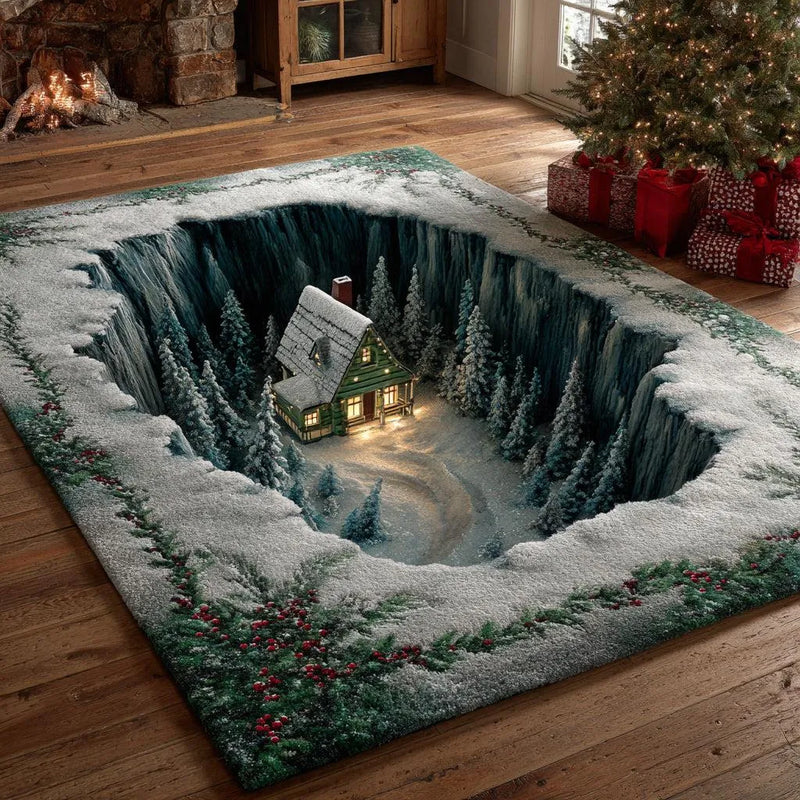 3D Optical Illusion Floor Rug, Christmas Village Area Rug, Festive Holiday Winter Accent Rug, Non Slip Washable Carpet, Xmas Home Decor Present