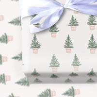 Minimalist Pine Holiday Gift Wrap, Potted Christmas Tree Wrapping Paper, Pink Pot Tree Wrapping Paper, Modern Festive Gift Wrap Roll