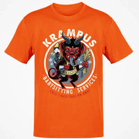 Humorous Christmas Horror Graphic Tee, Krampus Babysitting Service T-Shirt, Spooky Holiday Folklore Shirt, Alpine Demon Winter Top