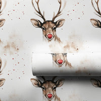 Watercolor Reindeer Gift Wrap, Red Nosed Reindeer Wrapping Paper, Festive Holiday Reindeer Paper Roll, Adorable Christmas Gift Wrapping Paper