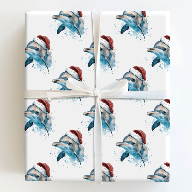 Watercolor Christmas Dolphin Wrapping Paper, Santa Hat Dolphin Wrapping Paper, Coastal Beach Holiday Wrapping Paper, Ocean Animal Gift Wrap