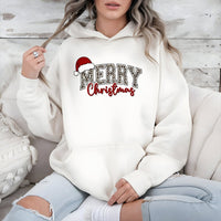 Leopard Print Santa Hat Sweatshirt, Merry Christmas Hoodie, Adorable Festive Holiday Hooded Pullover, Comfy Winter Xmas Season Apparel for Women